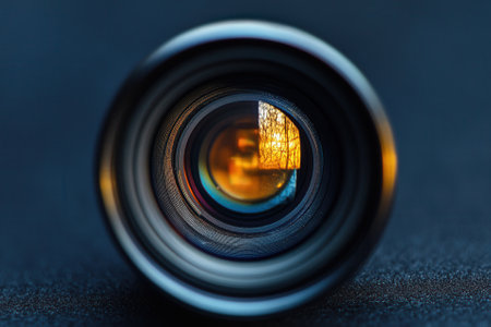 Close-up of camera lens with autumn scene reflected.の素材