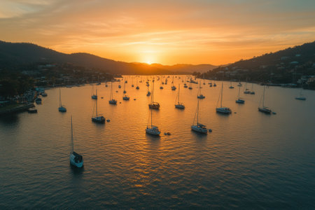 Golden sunset over calm bay with numerous sailboats.の素材