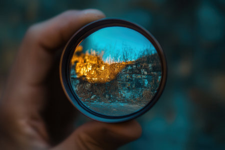 Hand holding lens showing scenic view.の素材