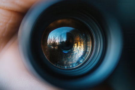 Close-up view of a camera lens reflecting a landscape.の素材