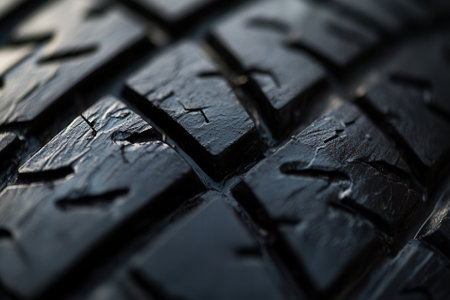 Close-up of worn tire tread, showing texture and cracks.の素材