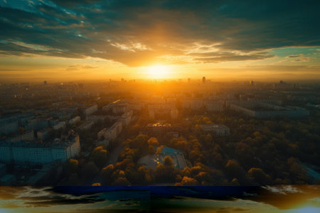 Golden sunset over city skyline.の素材