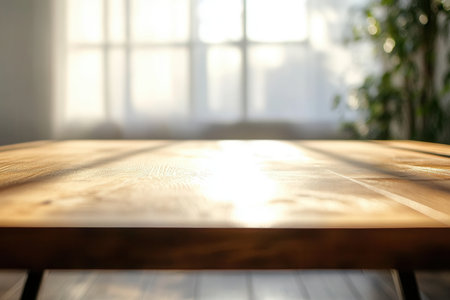 Softly lit wooden table in a serene indoor setting.の素材