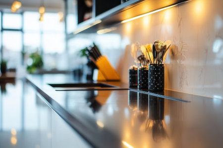 Modern kitchen countertop with utensils, sink, and LED lighting.の素材