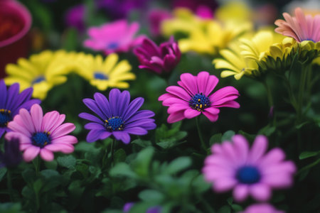 Vibrant multicolored daisies in full bloom, close-up.の素材