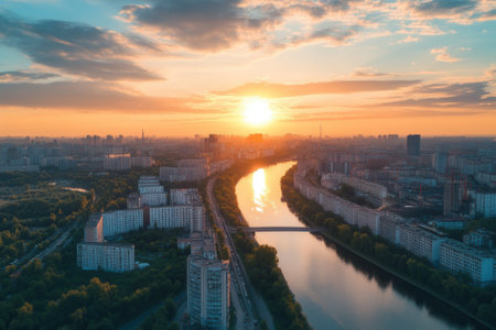 Stunning sunset over city river, aerial view.の素材