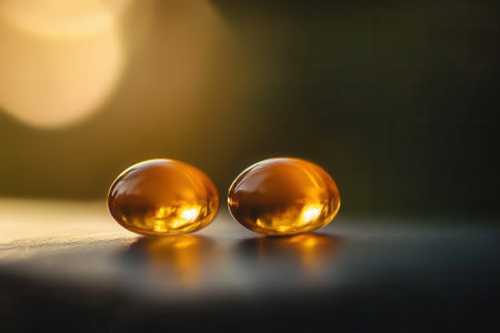 Two amber capsules on a dark surface, backlit by warm sunlight.の素材