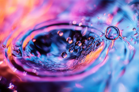 Vibrant water droplet impact, colorful ripples.の素材