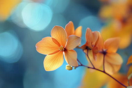 Two vibrant orange flowers bloom against a soft teal bokeh background.の素材