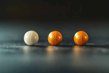 Three shiny spheres; one white, two orange, aligned on dark surface.の素材