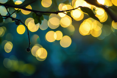 Golden bokeh lights through leaves on a branch at sunset.の素材