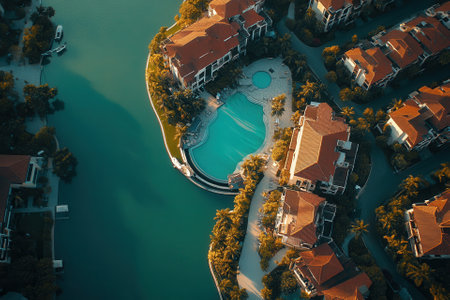 Aerial view of luxury waterfront homes with pool.の素材