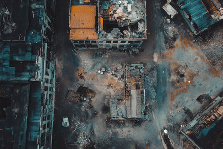 Aerial view of a war-torn city block, showing destroyed buildings and rubble.の素材