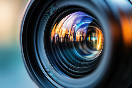 Close-up of a camera lens reflecting a cityscape.の素材