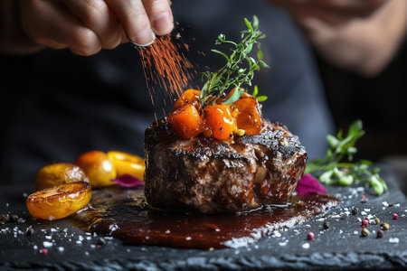 Chef seasoning delicious grilled steak with roasted tomatoes and herbs.の素材