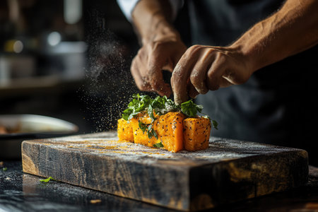 Chef preparing gourmet pumpkin dish.の素材