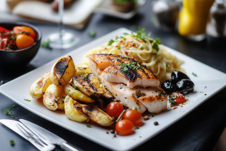 Grilled fish, pasta, potatoes, and cherry tomatoes on a white plate.の素材