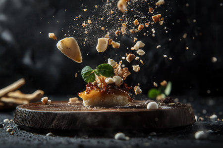 Gourmet appetizer with nuts and mint, crumbs in mid-air, on a wooden board.の素材