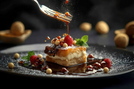 Gourmet French toast dessert with raspberry, sauce, and white chocolate.の素材