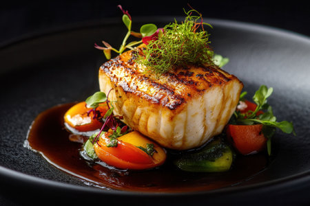 Grilled fish fillet with vegetables and sauce on a black plate.の素材