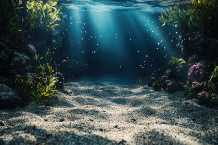 Underwater scene with sunlight and aquatic plants.の素材