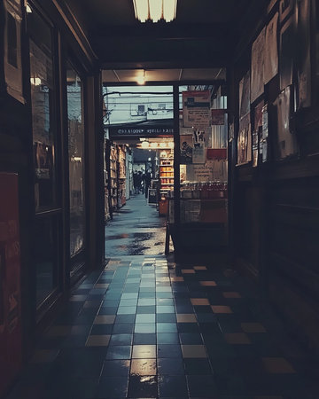 A dimly lit hallway, a passageway with shopsの素材