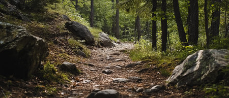 A forest path winds through rocks and treesの素材