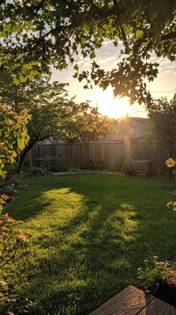 Backyard at sunset, lush green grass, trees, sunlight filtering through foliageの素材