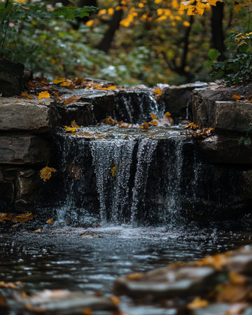 Autumnal waterfall cascading over stonesの素材