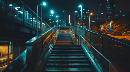 City stairs at night, urban metal walkway, illuminated by neon lightsの素材