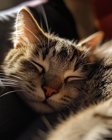 Close-up of a tabby cat sleeping peacefullyの素材