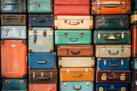 Colorful vintage suitcases stacked highの素材