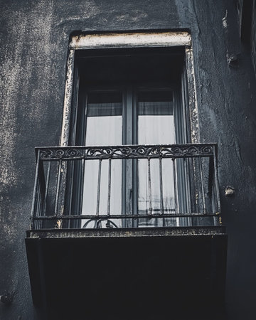 Dark, aged building facade with ornate balconyの素材