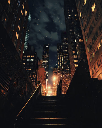 City steps at night. Skyscrapers loom over a stairway leading upwards into the starry night skyの素材