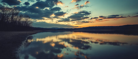 Calm lake reflecting a dramatic sunsetの素材