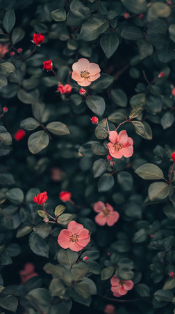 Close-up view of a vibrant rose bush. Lush green leaves, pink and red blossomsの素材