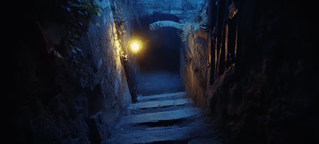 Dark, narrow alleyway with stone steps and a single lightの素材