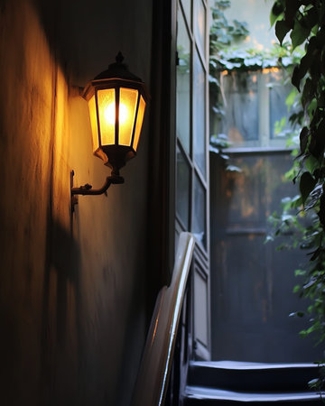 Dimly lit, antique wall lamp casts a warm glow on shadowed stairwayの素材
