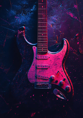 Electric guitar, vibrant pink, dark backgroundの素材