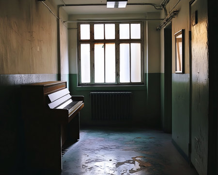 Empty hallway with piano and windowの素材