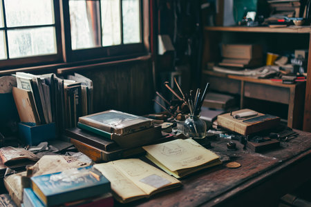 Cluttered wooden desk, books, papers, and tools in a dimly lit roomの素材