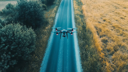 Drone flies over a country road amidst fieldsの素材