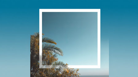 Empty white square frame, tropical foliage, vibrant blue skyの素材