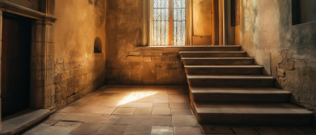 Old stone stairway in a sunlit interiorの素材