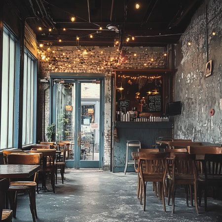 Interior of a rustic cafe with exposed brick, warm lighting, and wooden furnitureの素材