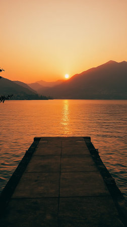 Golden sunset over a tranquil lake, pier leading to horizonの素材