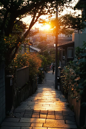 Golden hour alleyway, sunlight cascading down stone stepsの素材