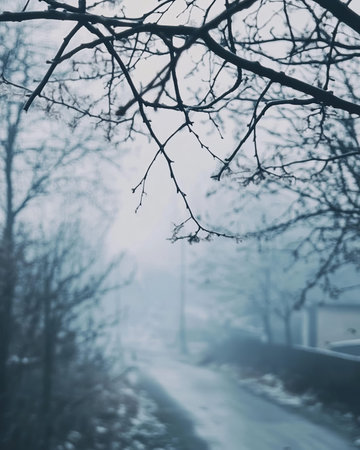 Foggy winter street scene, bare branchesの素材