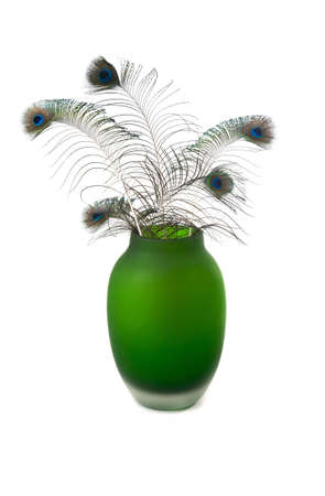 a peacocks feathers in a green vase on whiteの写真素材