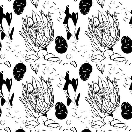 Black and white abstract floral elements pattern.のイラスト素材